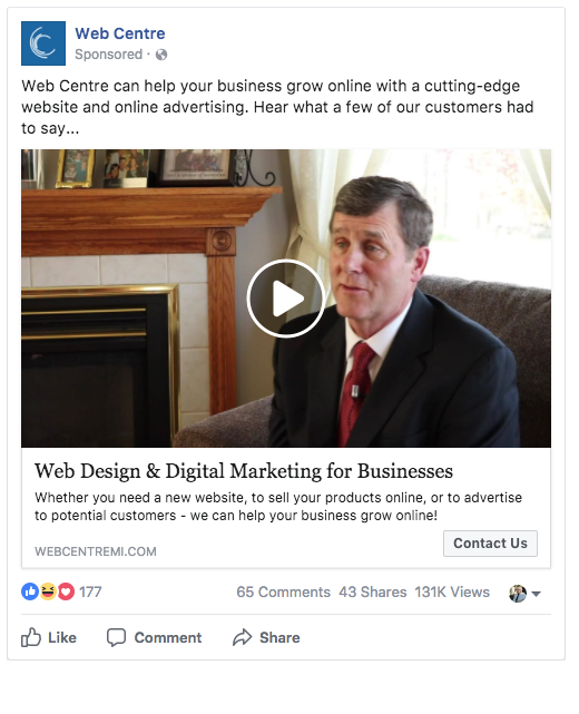 Facebook Advertising Example by Web Centre in Flint, Michigan